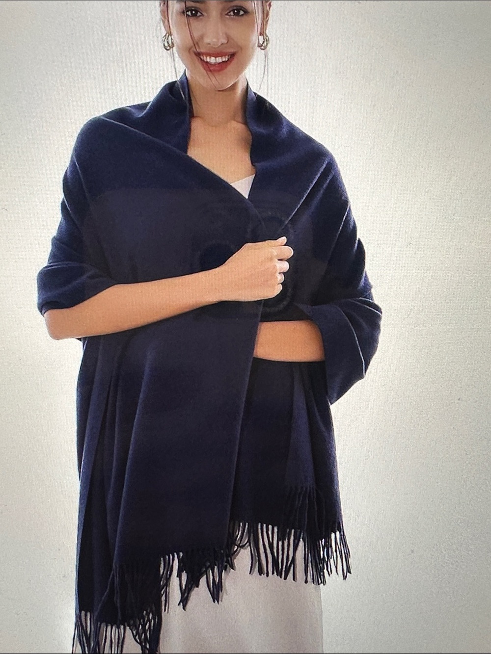 Classic Navy Fringe Wrap Shawl - Women's Accessory